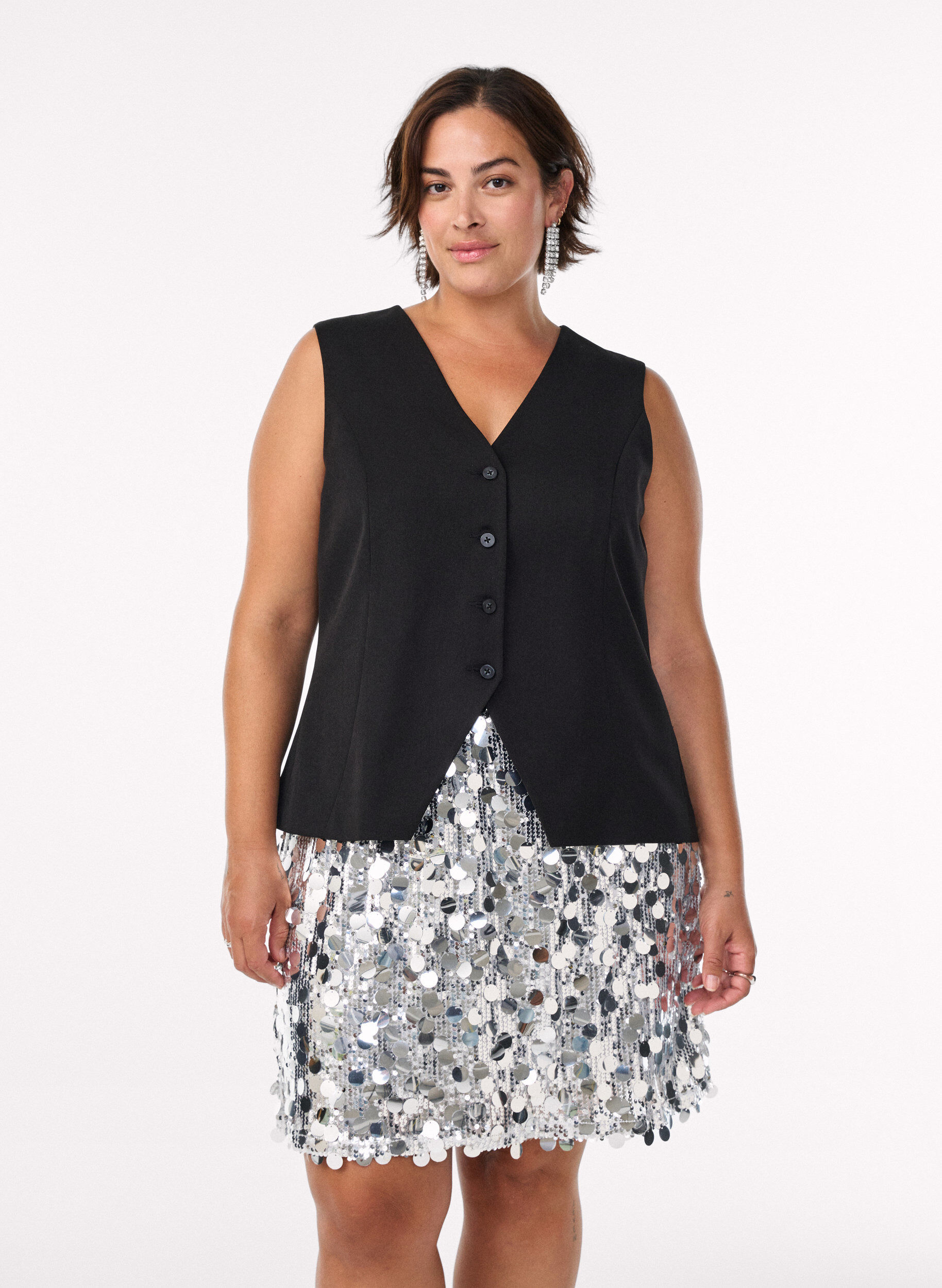 Short sequin skirt with an elasticated waistband, Silver, Model