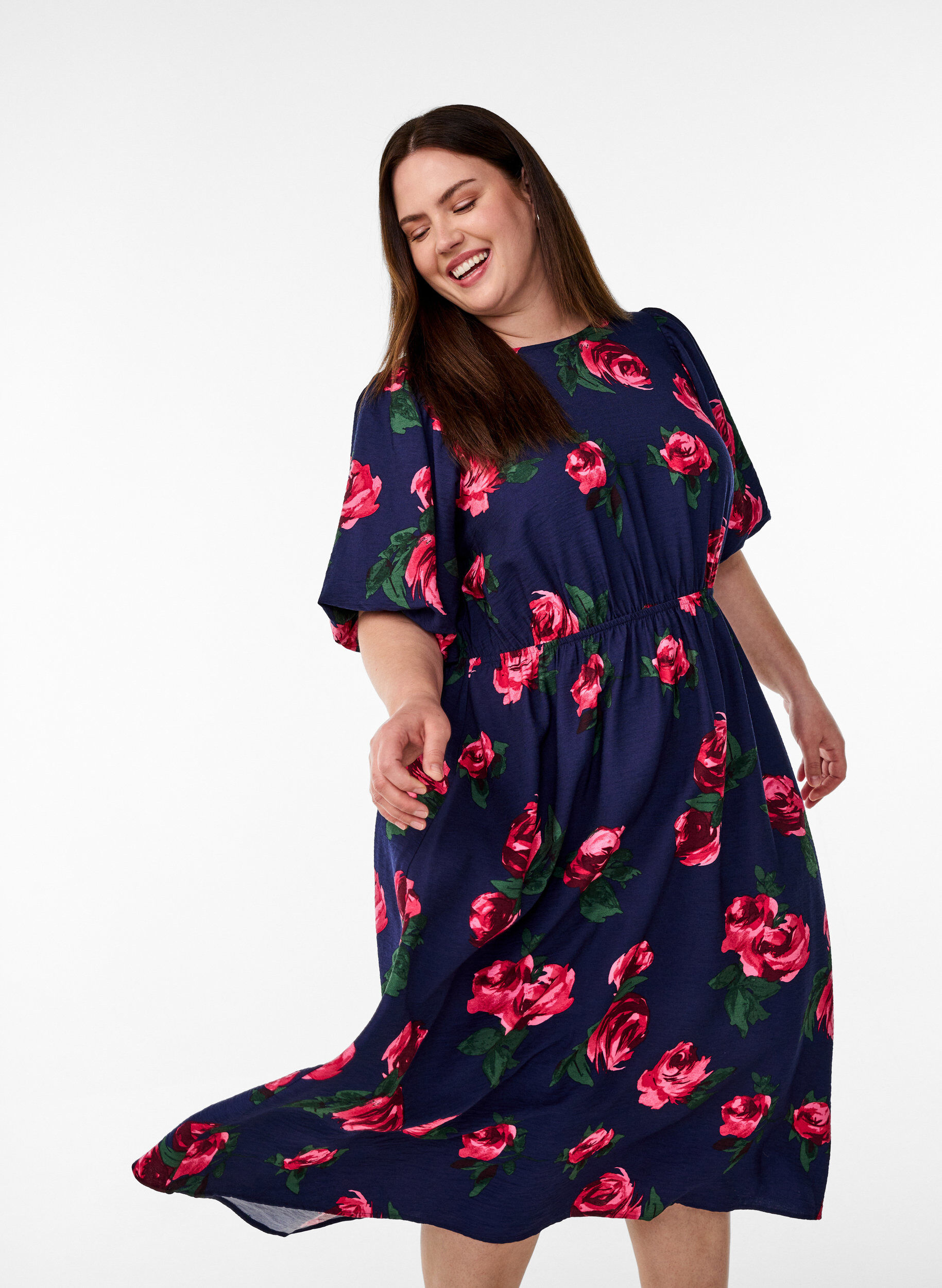Zizzifashion Midi dress with rose print and short balloon sleeves, Blue, Model image number 3