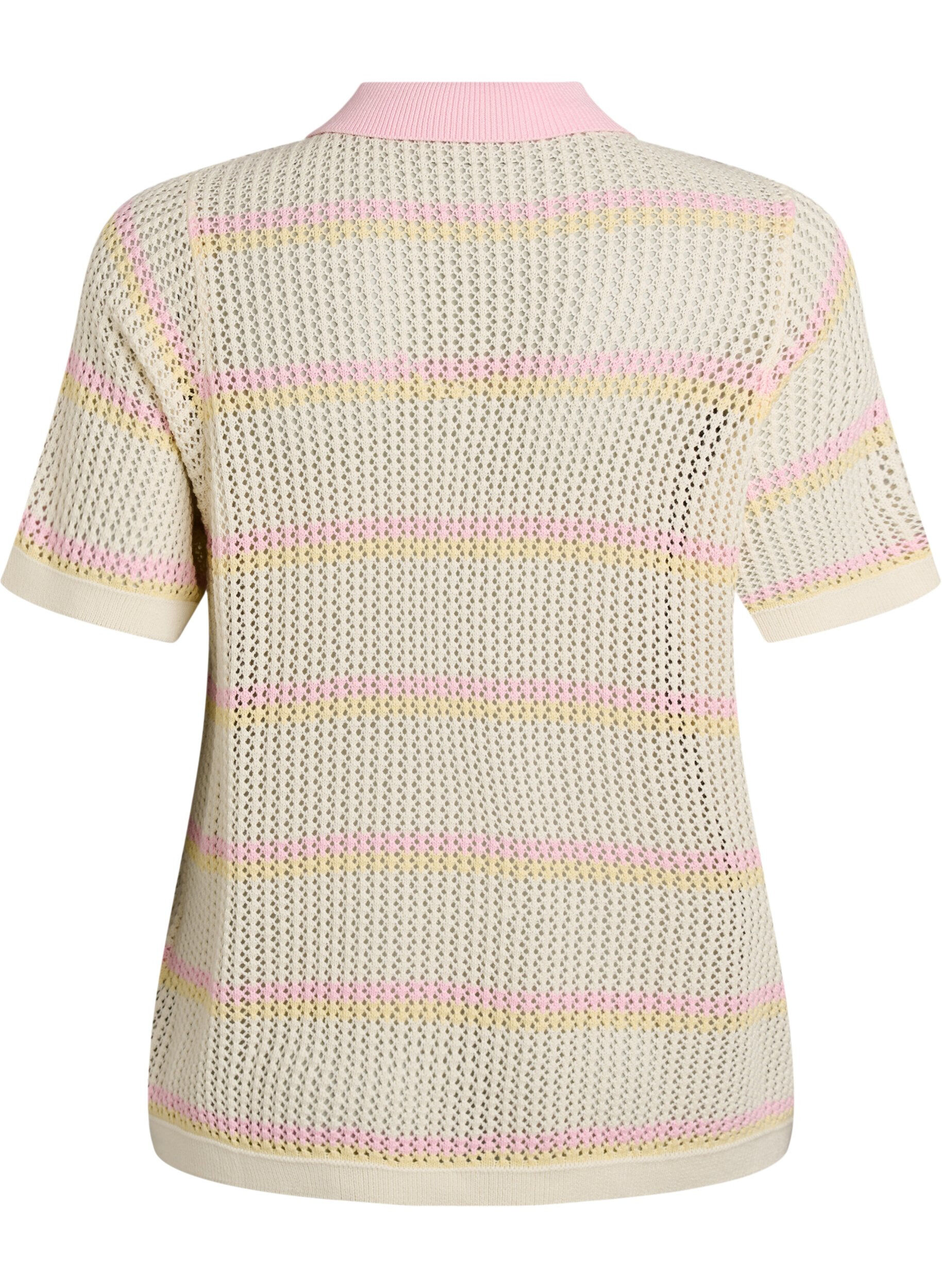 Zizzifashion Knitted polo with eyelet embroidery and stripes, White, Packshot image number 1