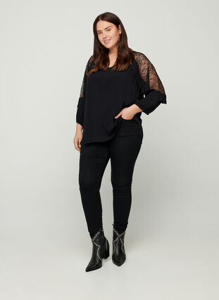 Viscose blouse with lace and 3/4 length sleeves, Black, Model image number 2