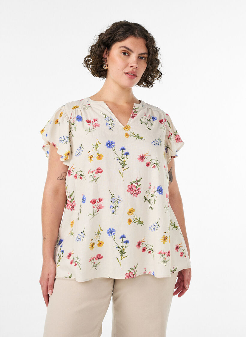 Viscose and linen blouse with ruffle sleeves, Beige, Model image number 0