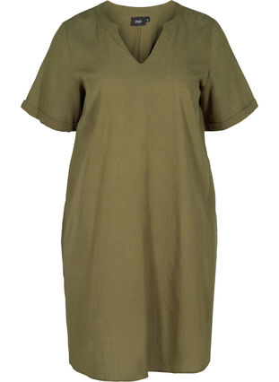 Short-sleeved dress in a cotton blend with linen, Ivy Green, Packshot image number 0