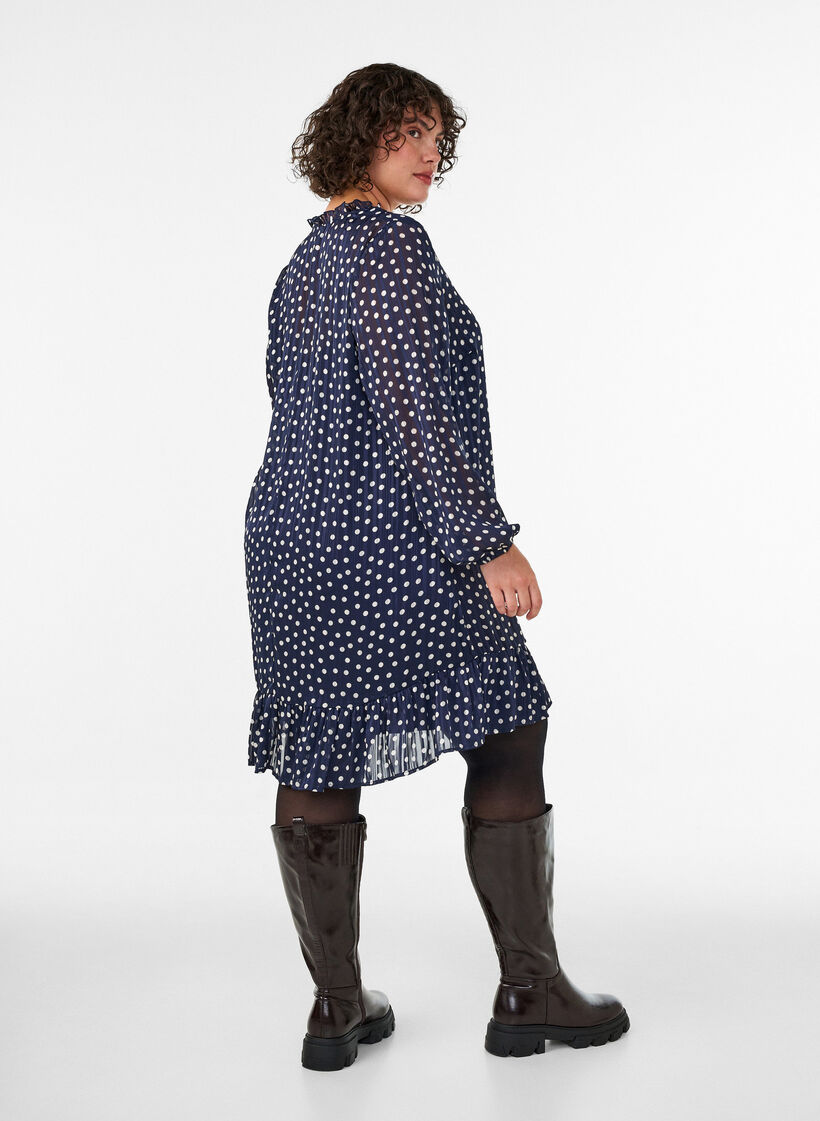 Patterned dress with ruffles and long sleeves, Blue, Model image number 2