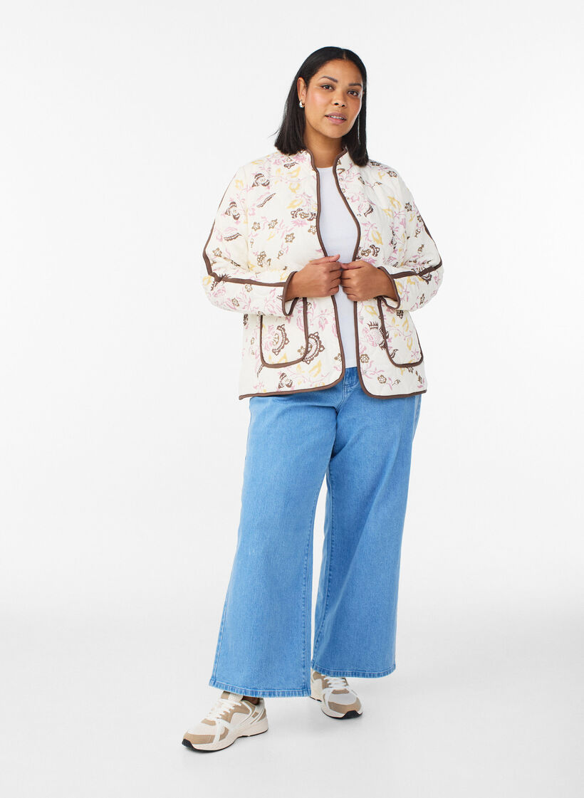 Quilted jacket with buttons and floral print, Beige, Model image number 1