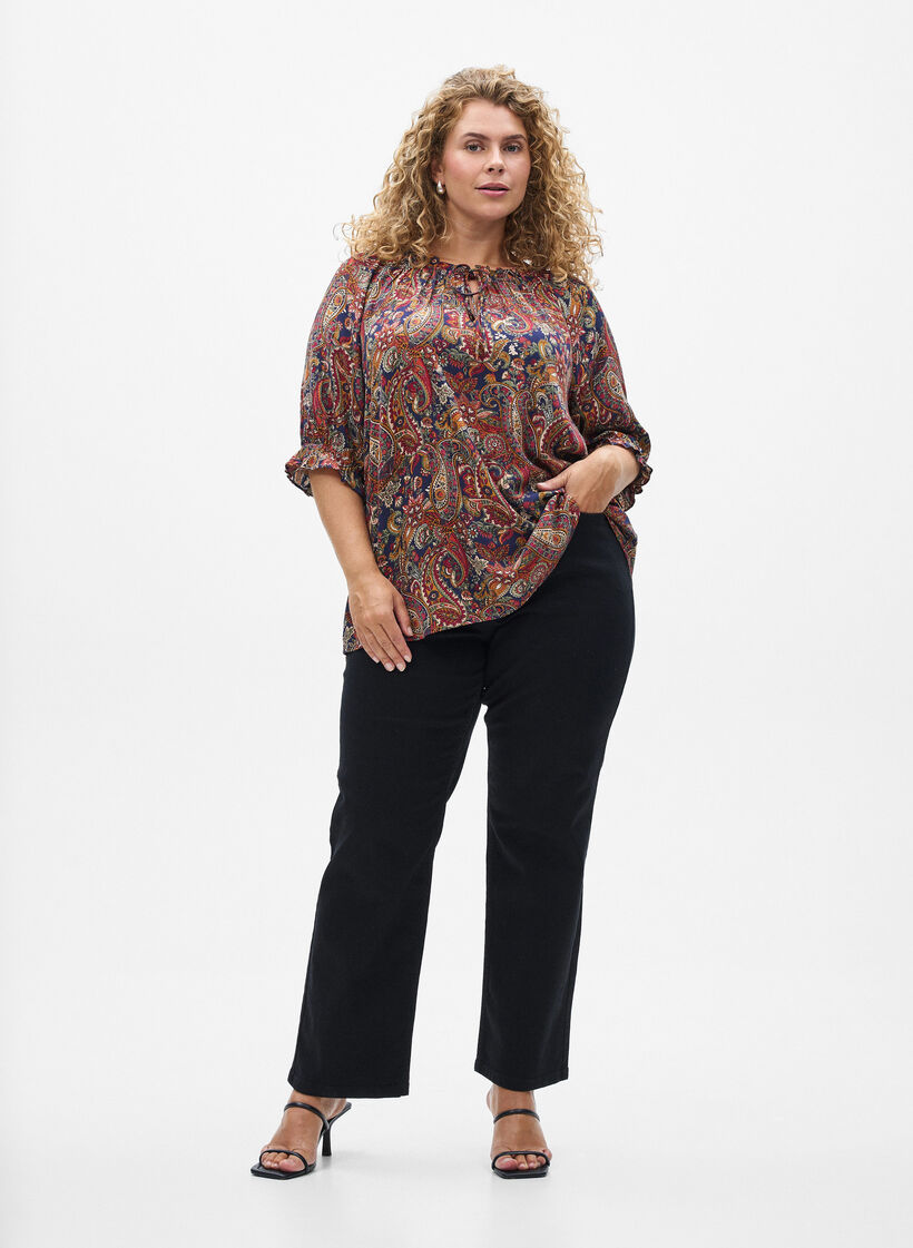 Viscose blouse with paisley print and elbow length sleeves, Blue, Model image number 1