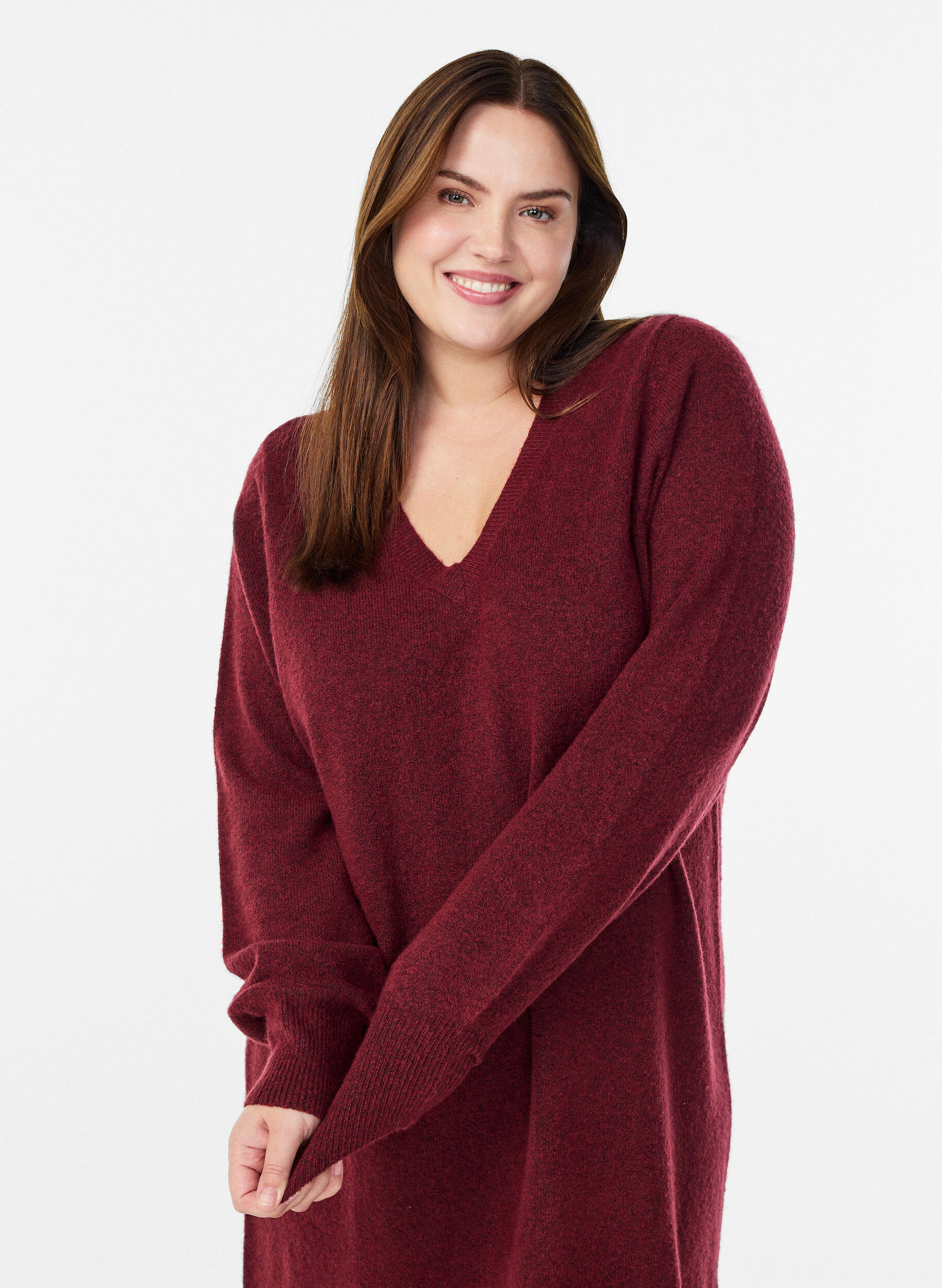 ZizzifashionLong-sleeved knit dress with V-neck, Red, Model image number 2