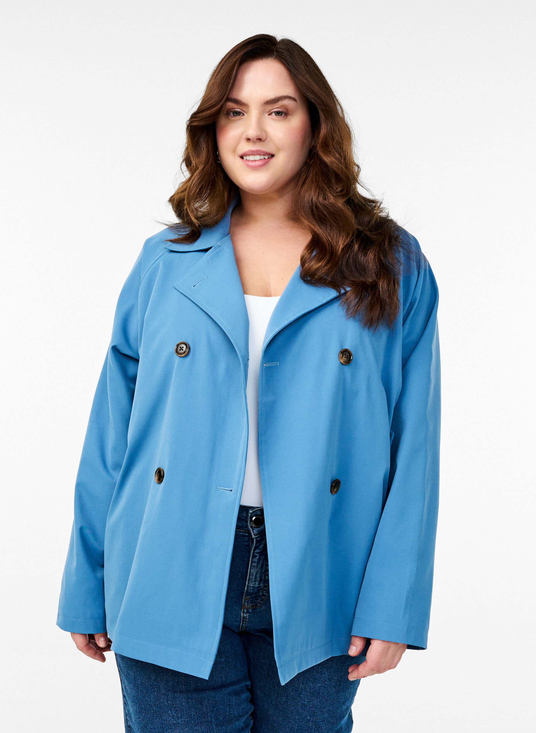 Short trench coat with pockets, Blue, Model