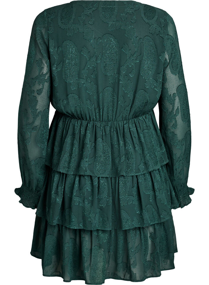 Short dress with ruffles and a textured pattern, Green, Packshot image number 1