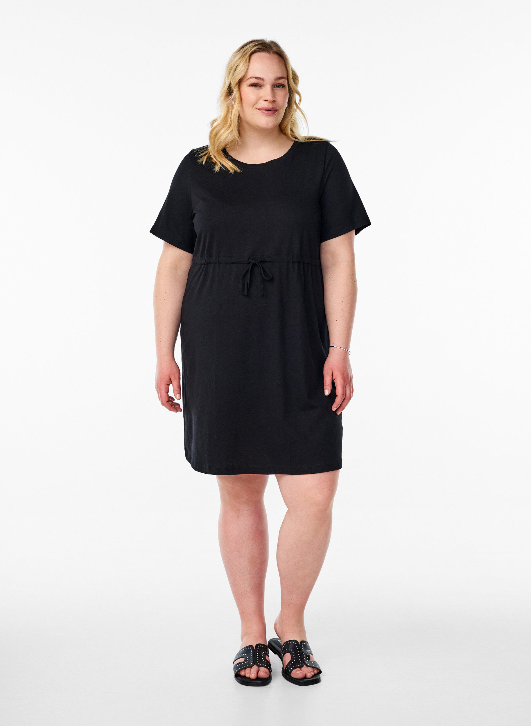 Zizzifashion FLASH - Short T-shirt dress with tie belt, Black, Model image number 1
