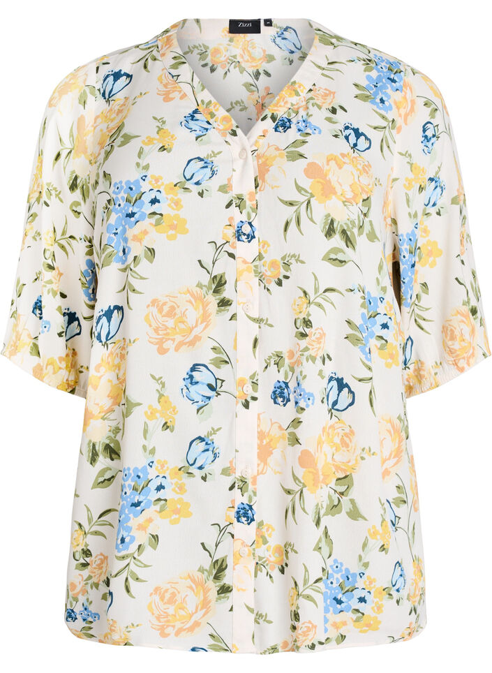 Viscose blouse with print and button fastening, Vanilla, Packshot image number 0