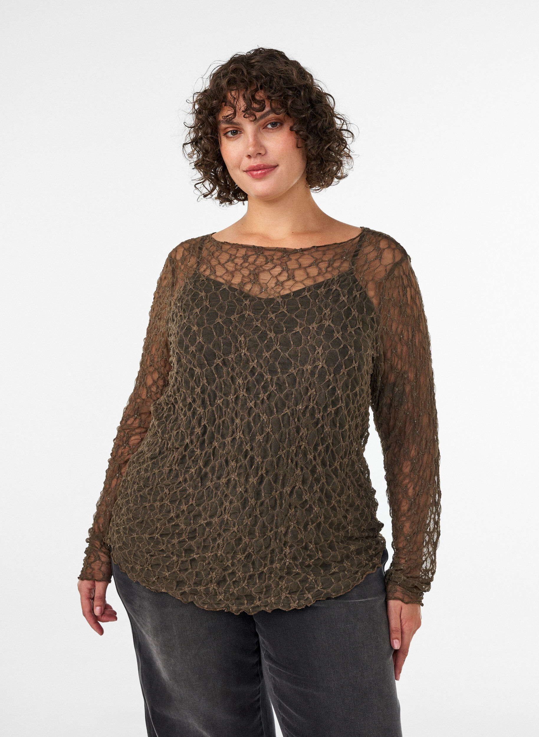 ZizzifashionMesh blouse with pattern and glitter thread, Brown, Model image number 0