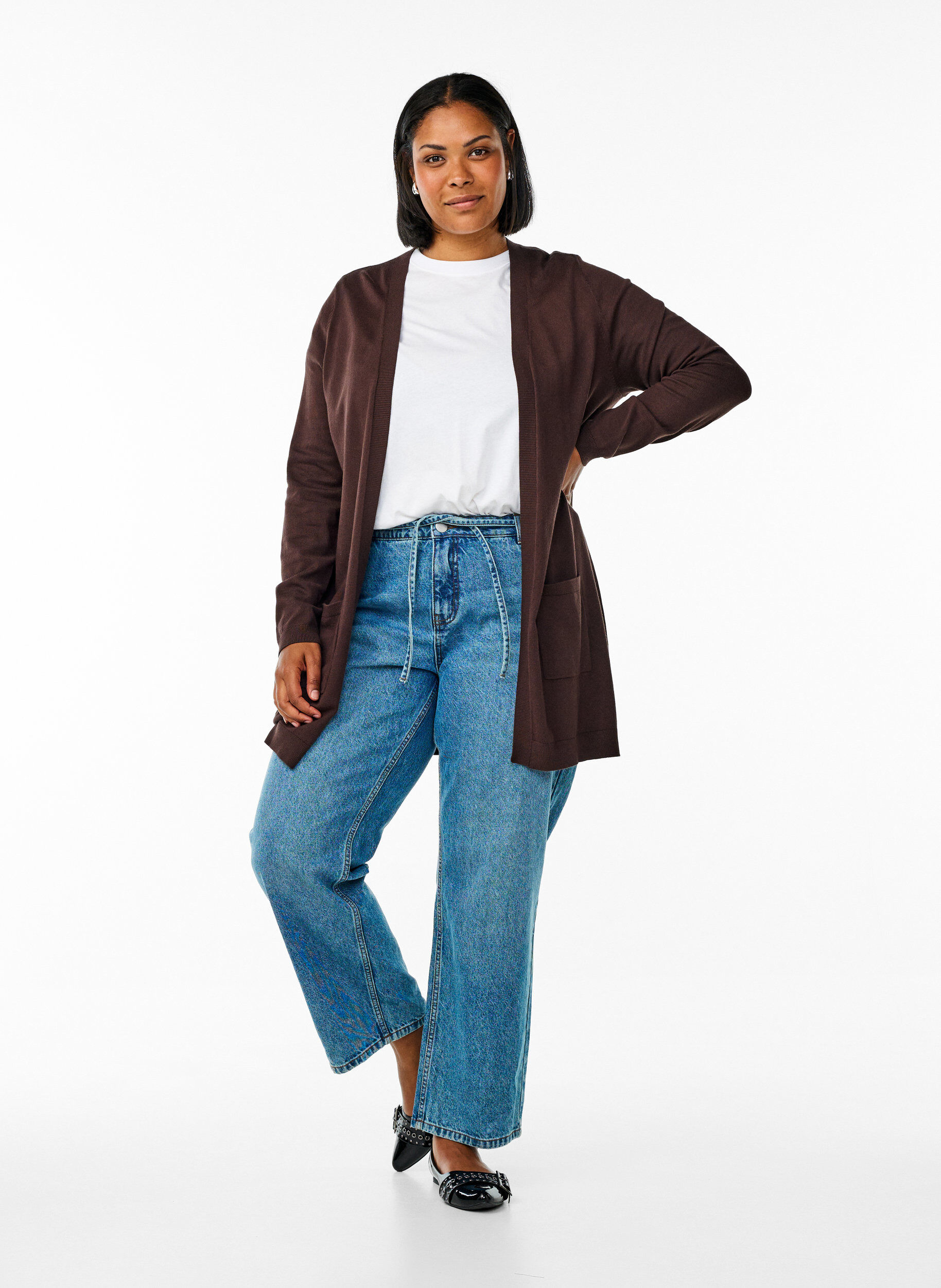 ZizzifashionLong knitted cardigan in a viscose blend, Brown, Model image number 1