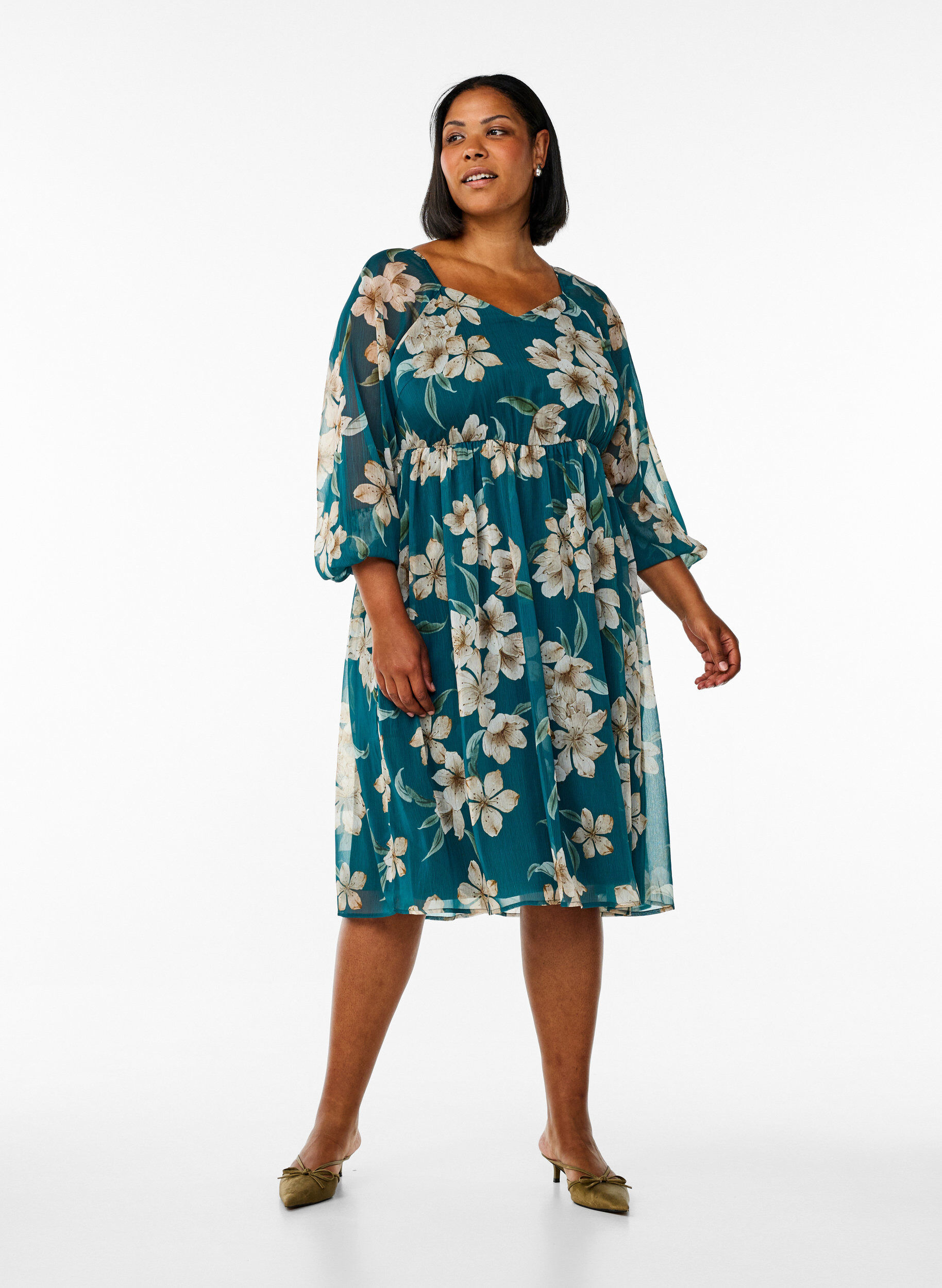 Zizzifashion Chiffon party dress with long sleeves, Green, Model image number 1