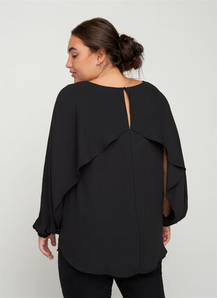 Blouse with balloon sleeves and smocking, Black, Model image number 1