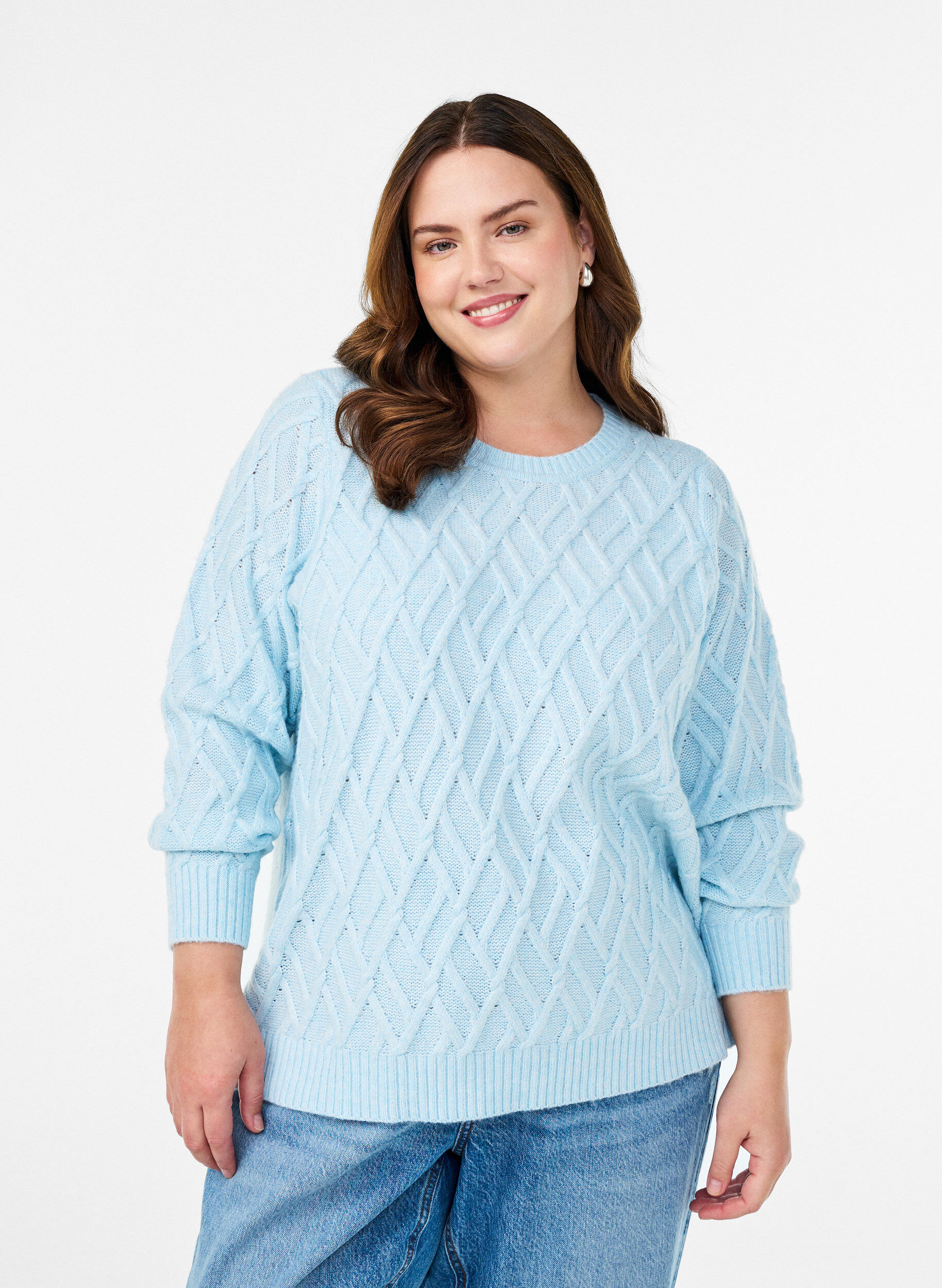 Knit blouse with cable pattern and round neck, Light Blue, Model