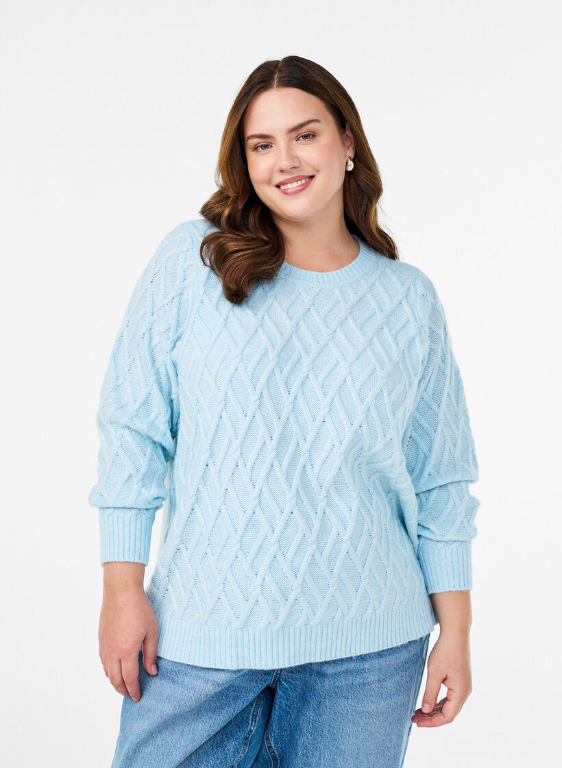 Knit blouse with cable pattern and round neck, Light Blue, Model image number 0