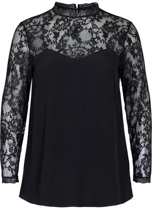Long-sleeved viscose blouse with lace, Black, Packshot image number 0