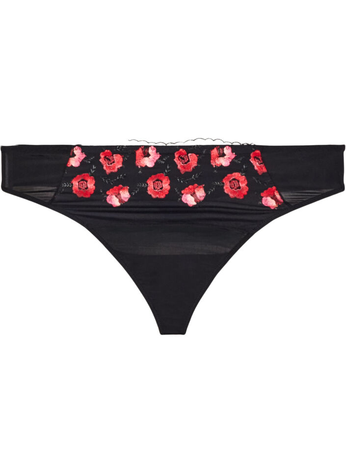 Microfibre thong with floral embroidery, Black, Packshot image number 0