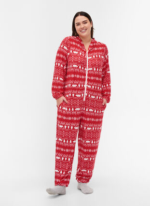 Hooded Christmas print jumpsuit with zip, Christmas AOP, Model image number 0