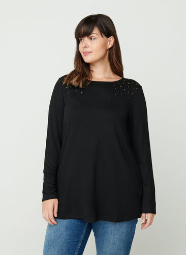 Long-sleeved blouse, Black w. Metal Studs, Model image number 0