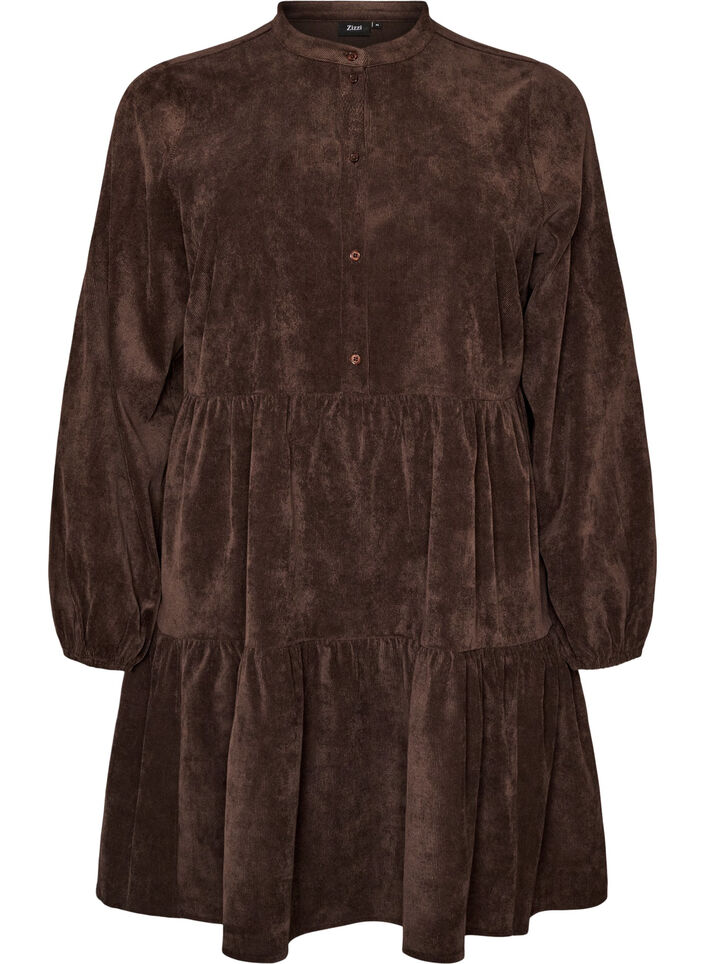 Corduroy dress with A-line shape and stand collar, Brown, Packshot image number 0