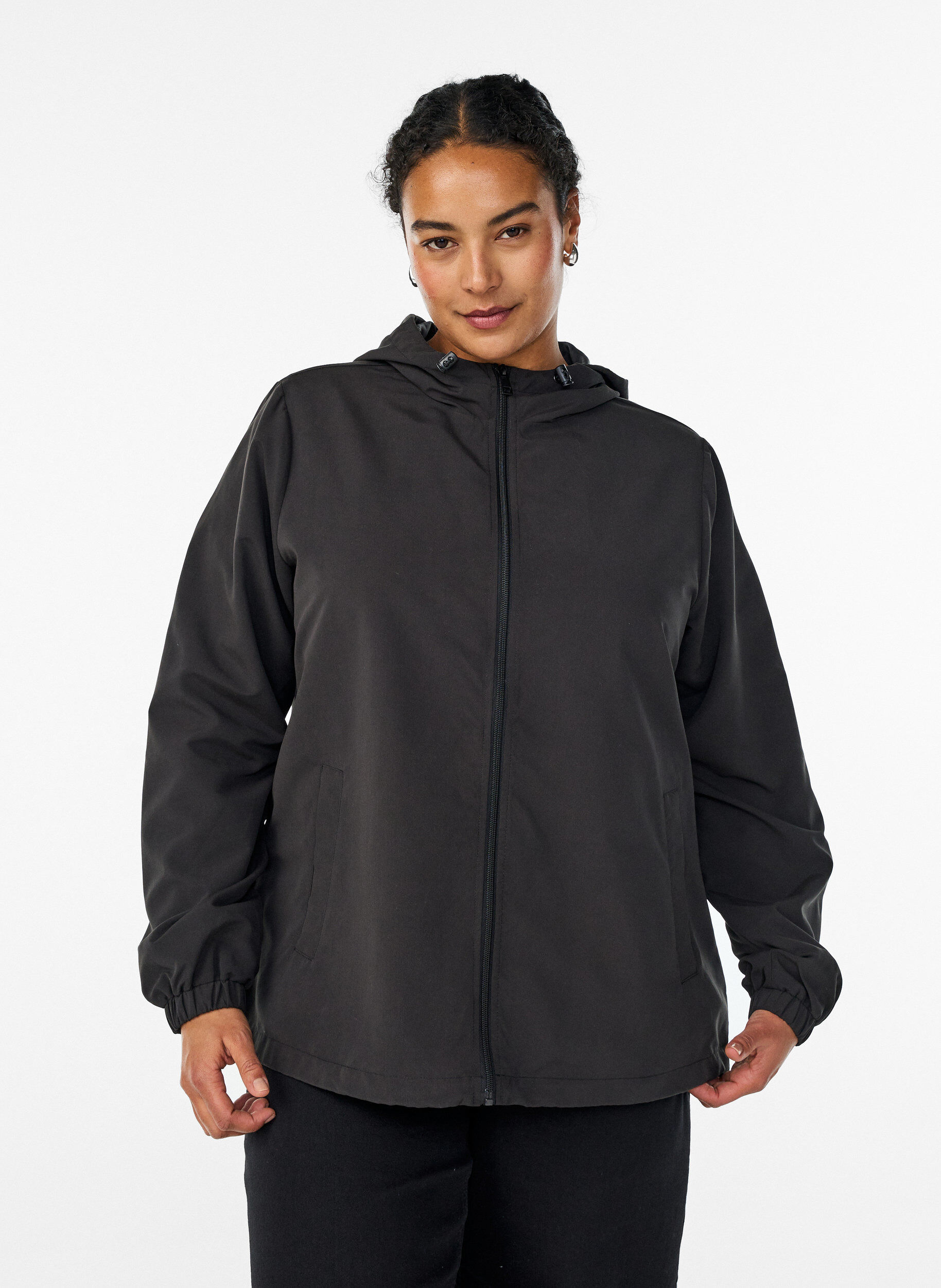 Lightweight jacket with a hood and zipper, Black, Model