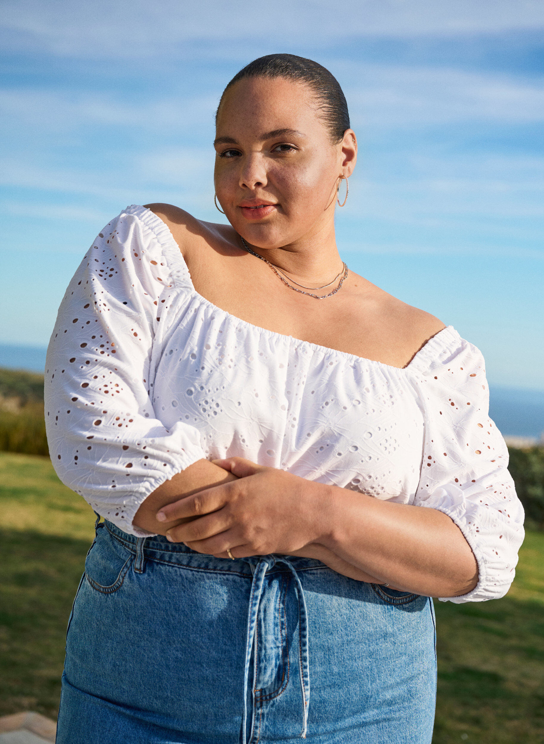 Zizzifashion Blouse with short puff sleeves and an openwork pattern, White, Image image number 0