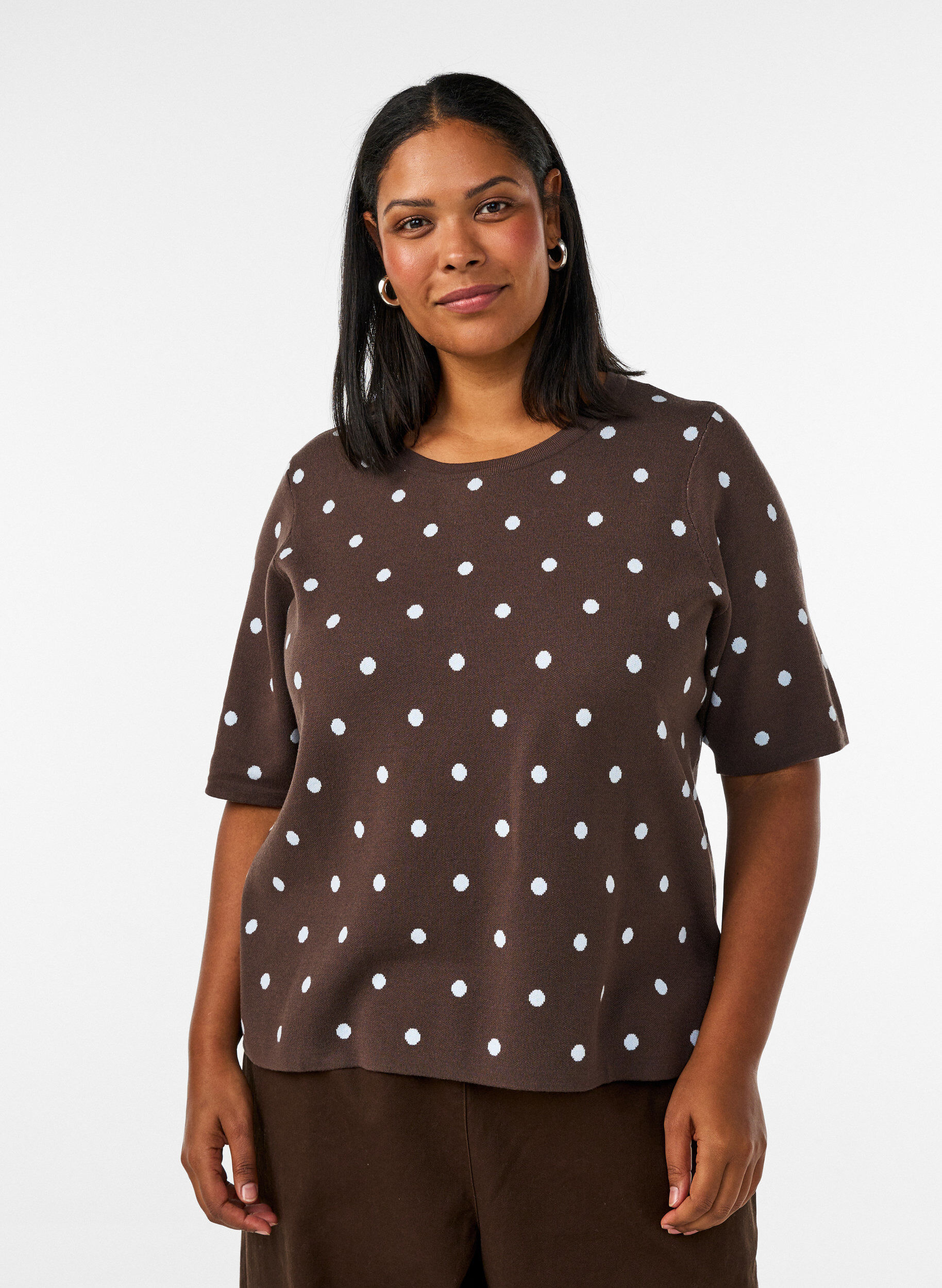 ZizzifashionShort-sleeved knitted blouse with polka dots, Brown, Model image number 0