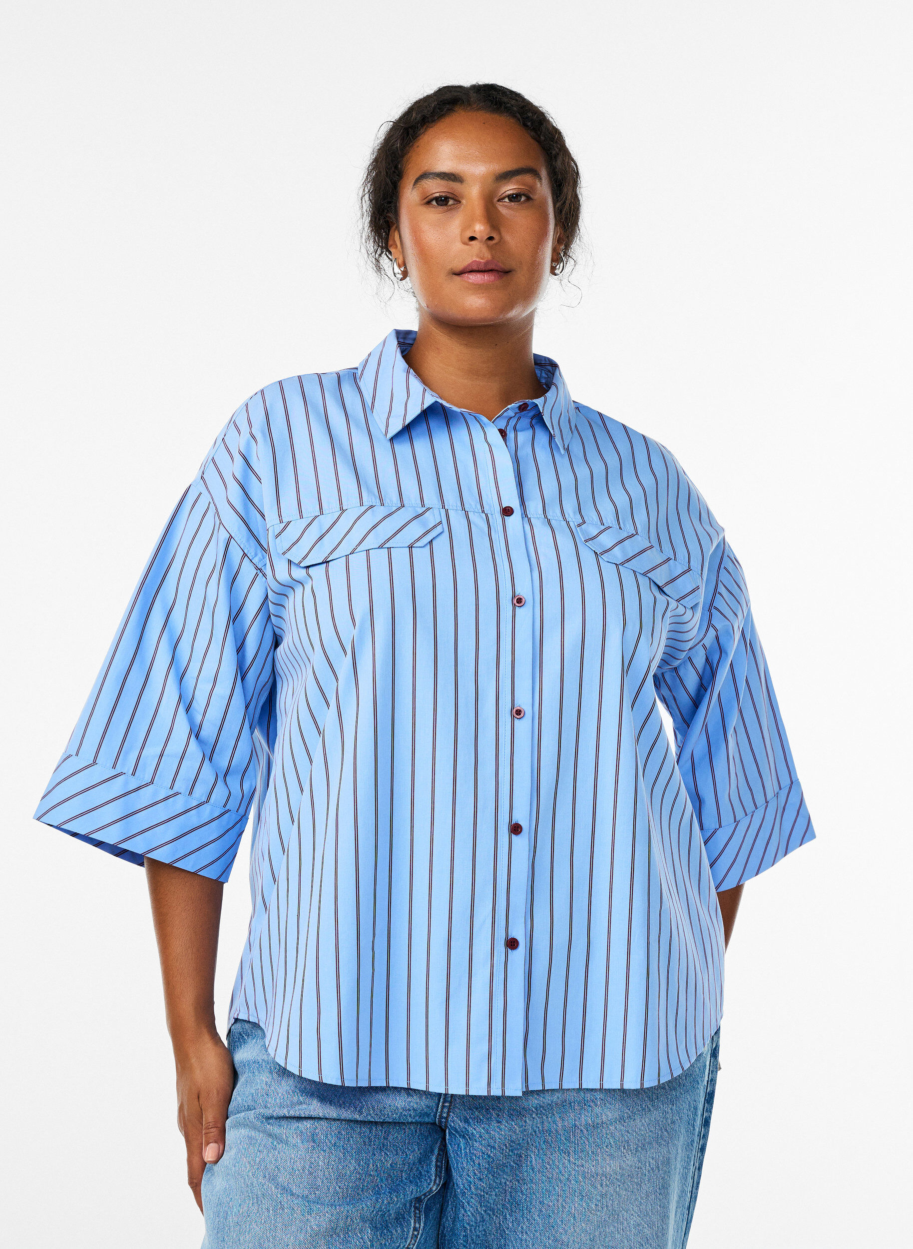Striped cotton shirt with wide sleeves, Blue, Model