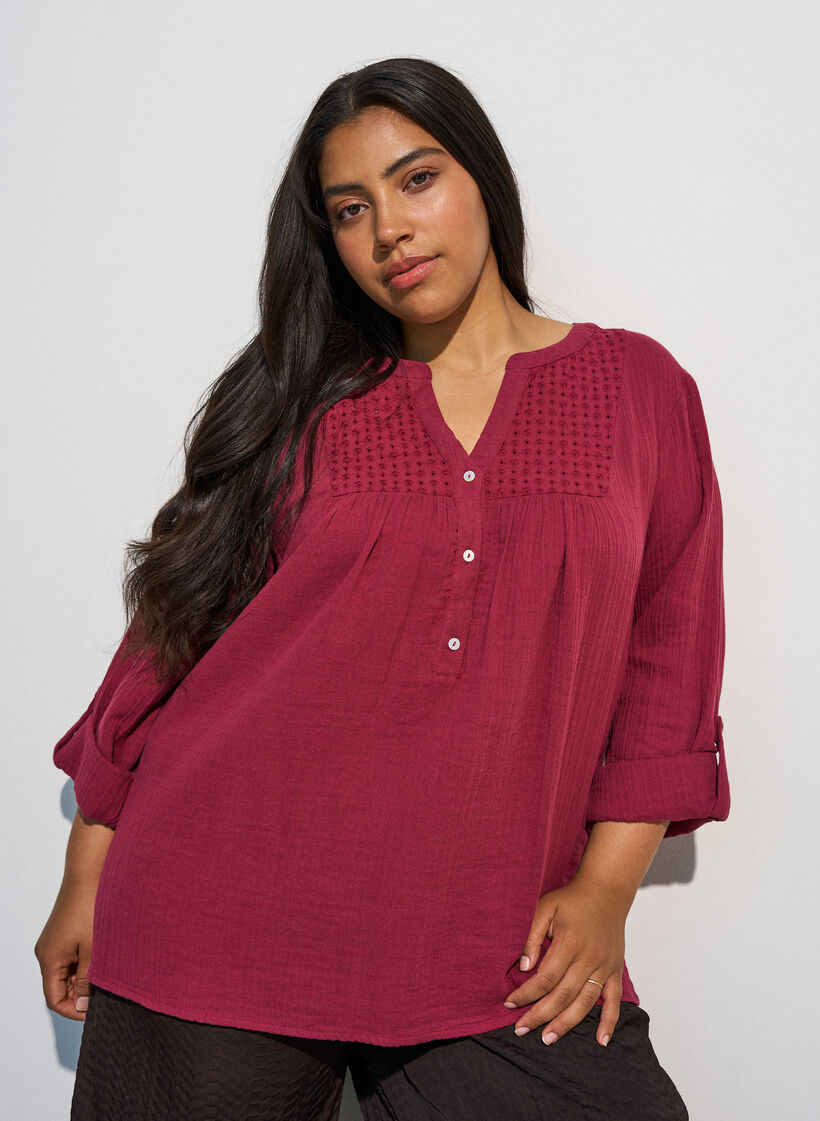 Blouse in cotton muslin with broderie anglaise, Red, Model image number 0