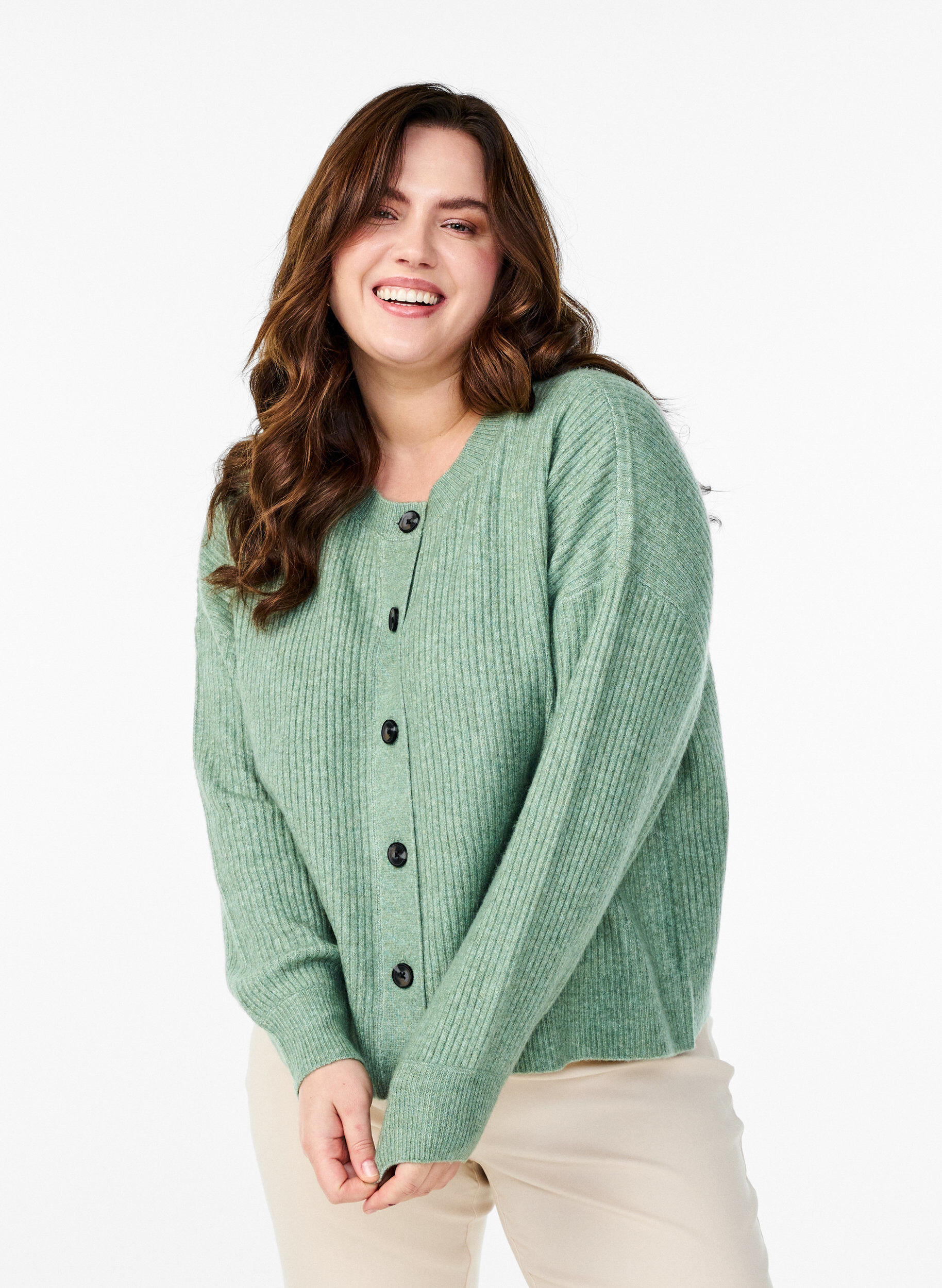 Zizzifashion Rib knit cardigan with buttons, Green, Model image number 0