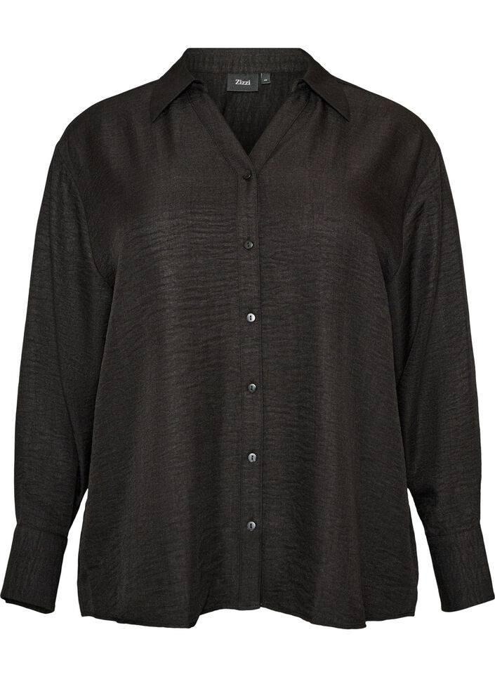 Loose shirt with V-neck, Black, Packshot image number 0