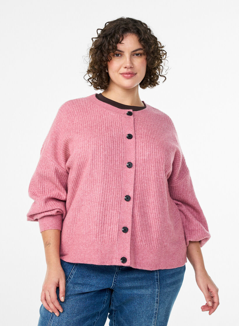 Ribbed cardigan with buttons, Rose, Model image number 0