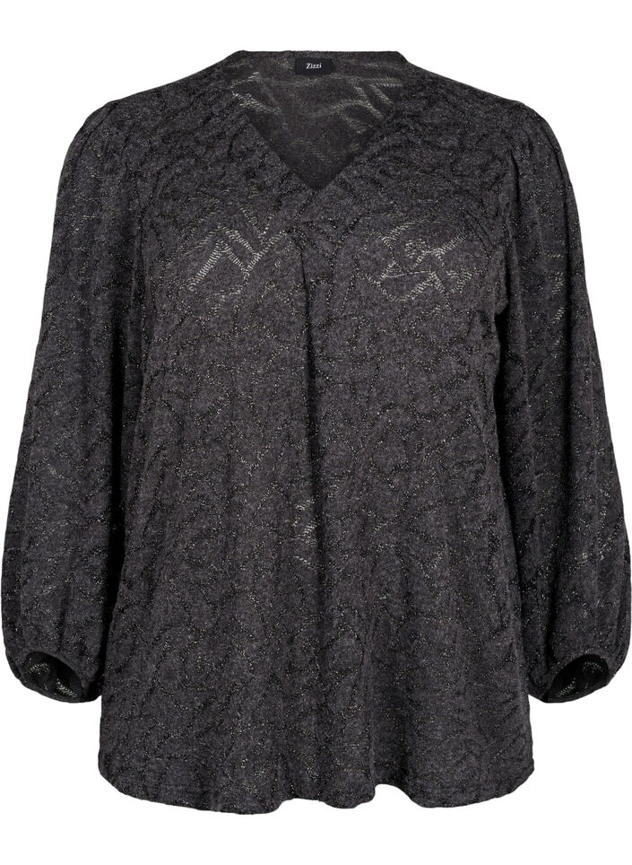 Long-sleeved blouse with glitter and pattern, Grey, Packshot image number 0