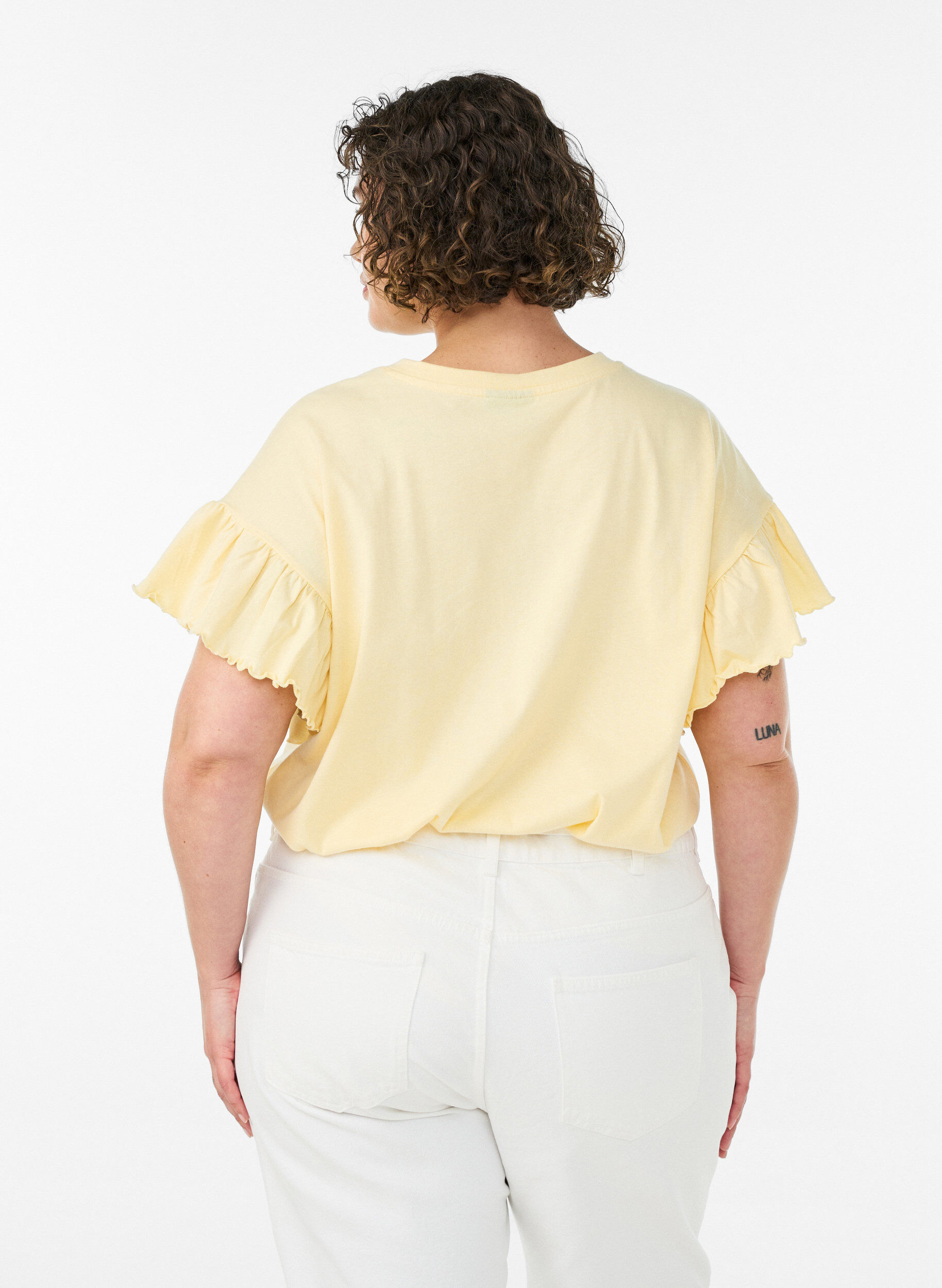 ZizzifashionOrganic cotton T-shirt with ruffle sleeves, Yellow, Model image number 2