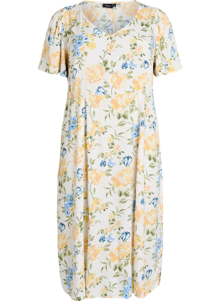Viscose midi dress with a floral print, Blue, Packshot image number 0