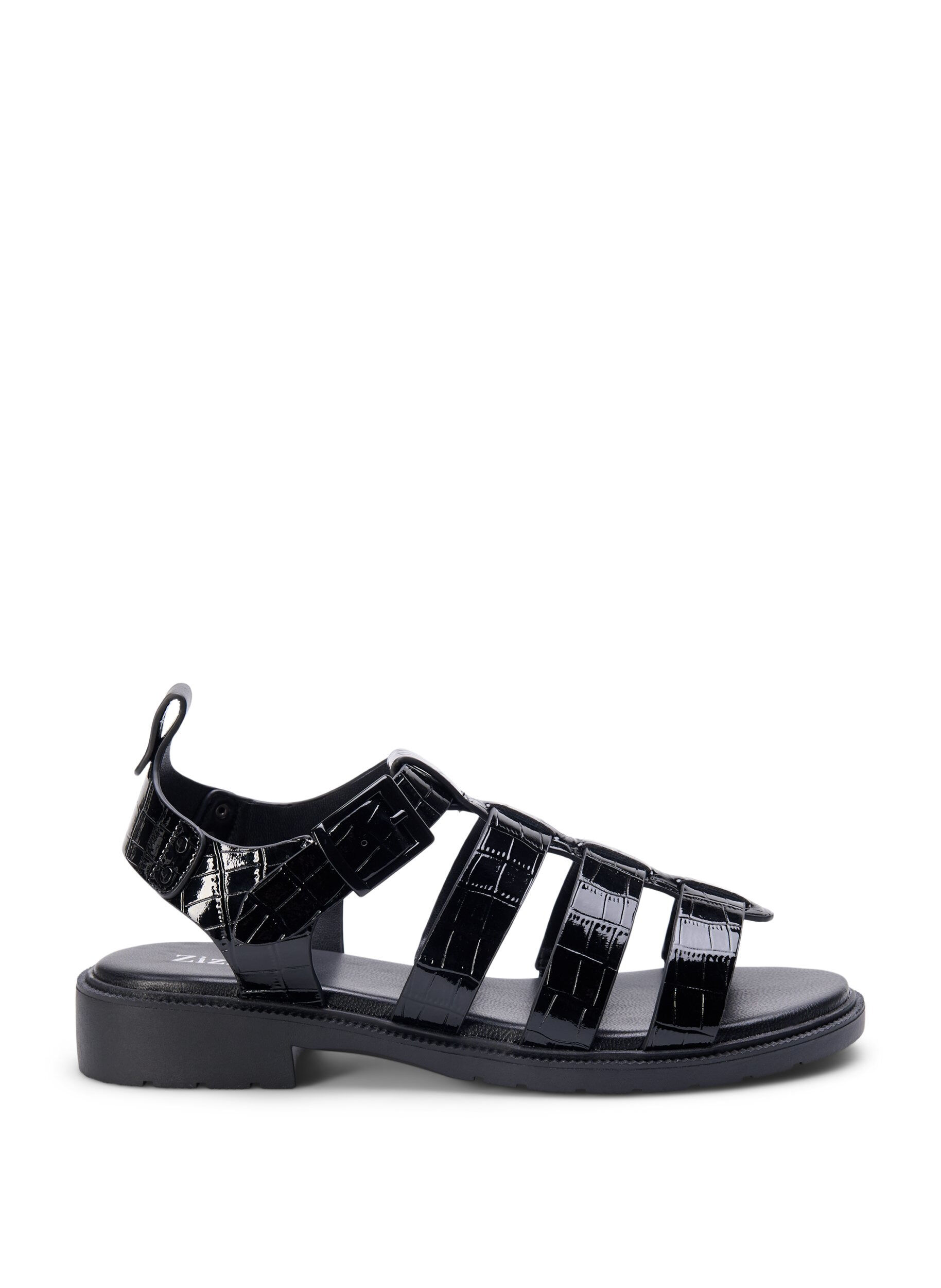 Zizzifashion Wide fit sandal in shiny crocodile leather, Black, Packshot image number 0