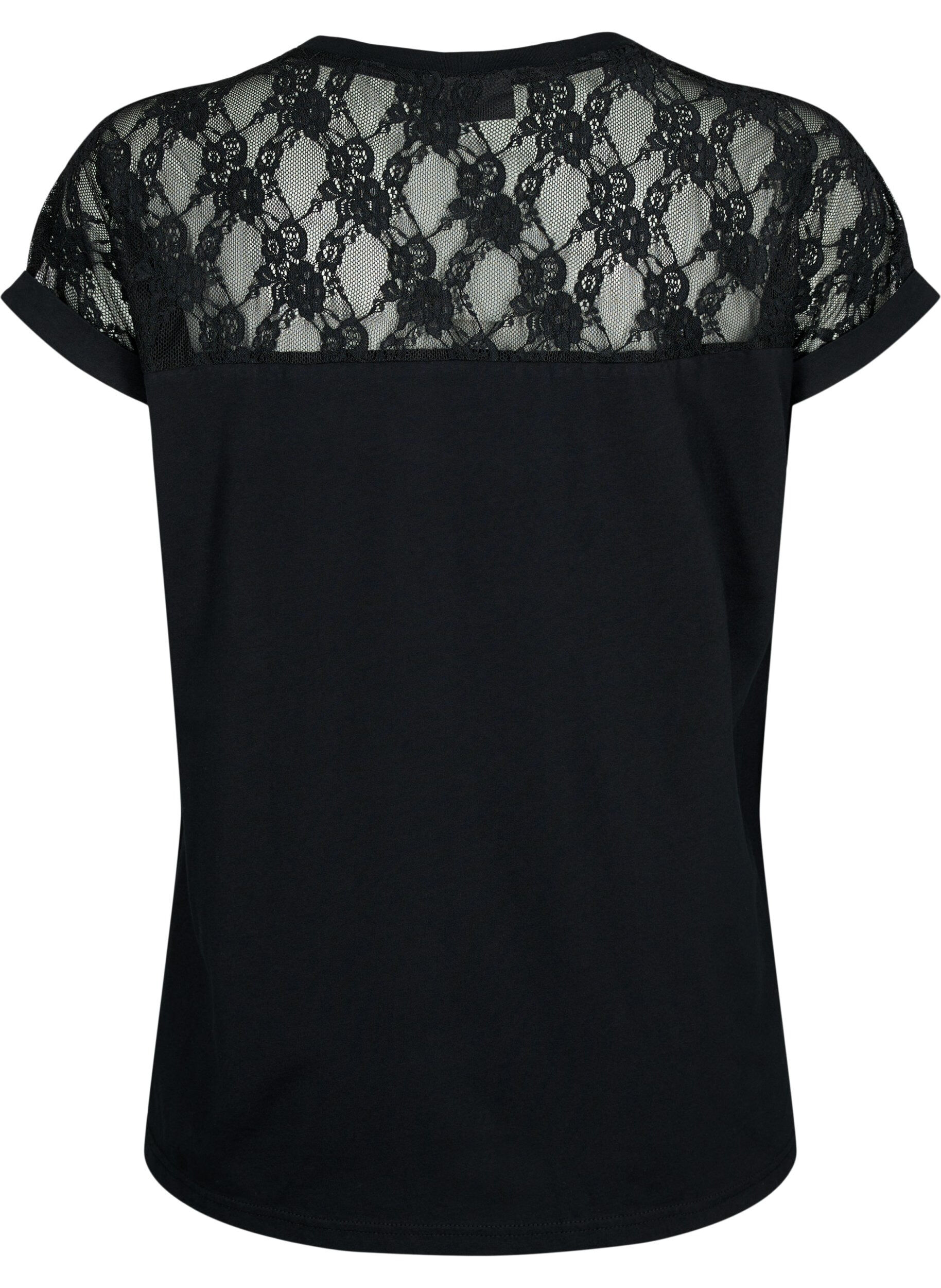 Zizzifashion Short-sleeved cotton t-shirt with lace, Black, Packshot image number 1