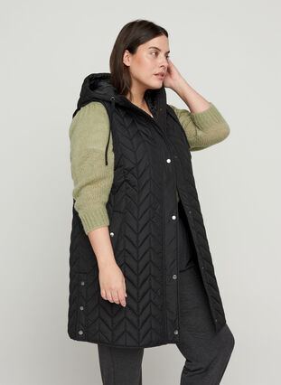 Long quilted vest with hood, Black, Model image number 0