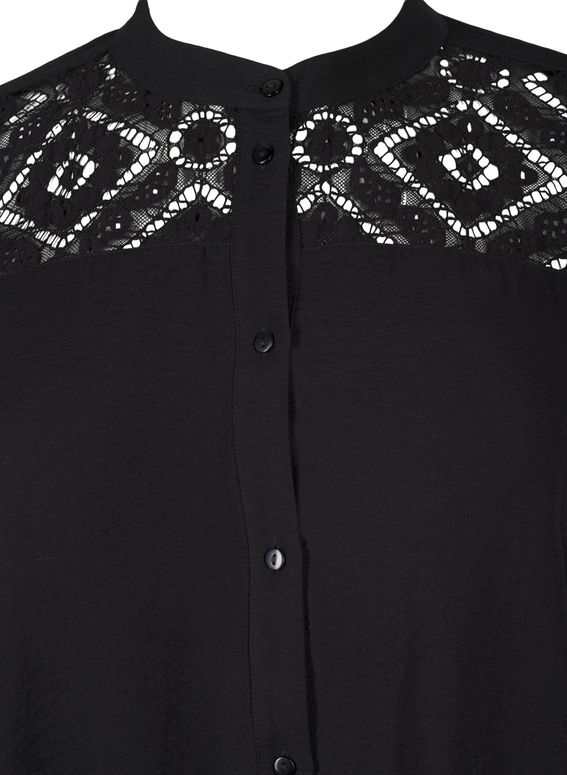 Zizzifashion Long viscose shirt with lace detail, Black, Packshot image number 2