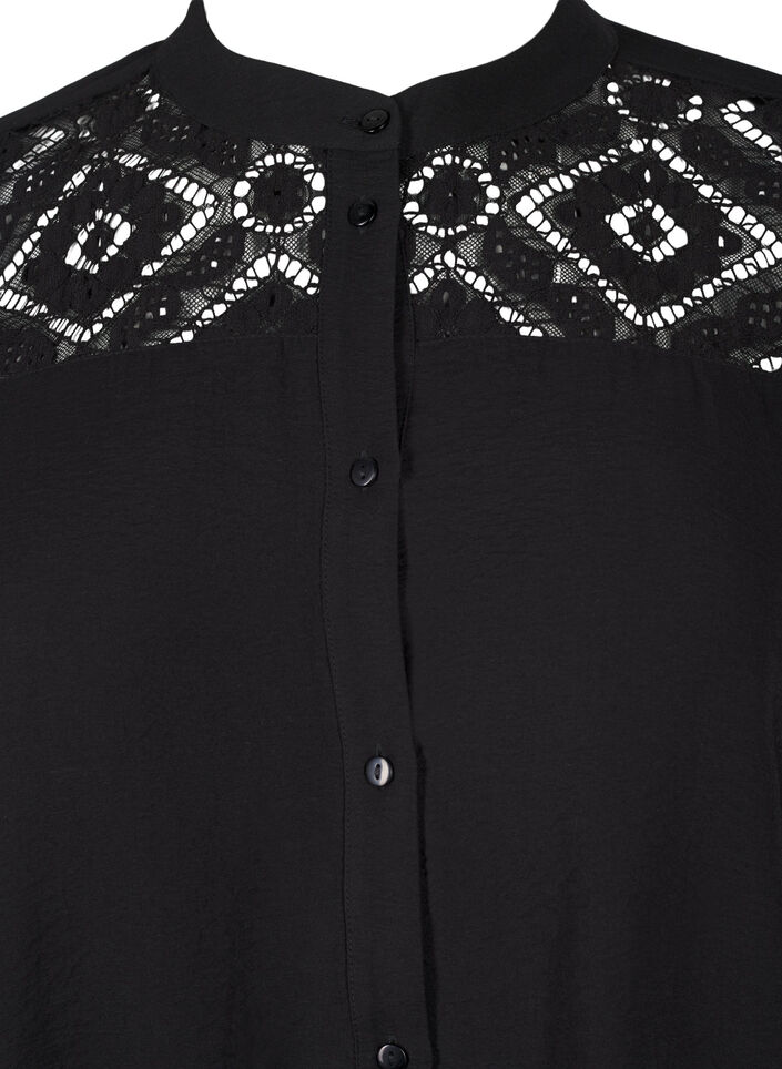 Long viscose shirt with lace detail, Black, Packshot image number 2
