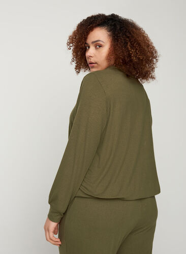 Long-sleeved blouse with a high neck and drawstring, Olive Night, Model image number 1