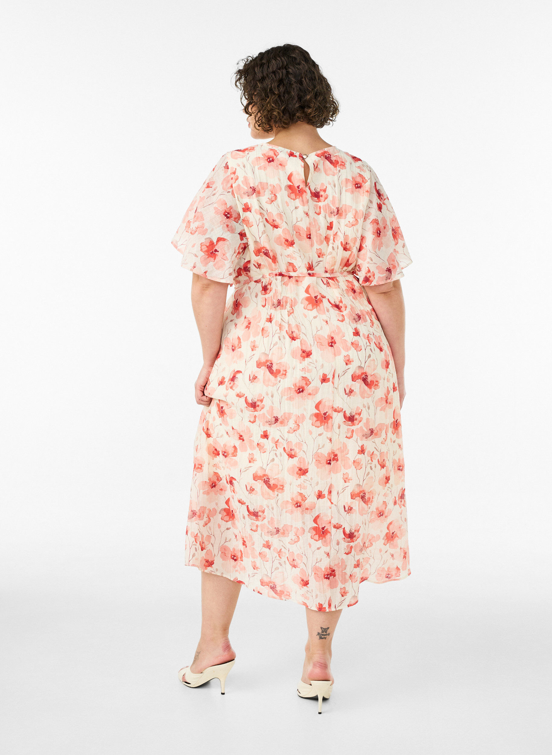 Zizzifashion Ankle-length dress with flutter sleeves and a tie-waist, Rose, Model image number 1