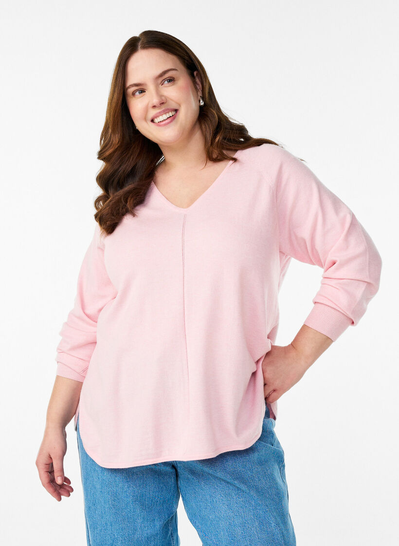 Fine-knit blouse with v-neck and front detail, Pink, Model image number 0