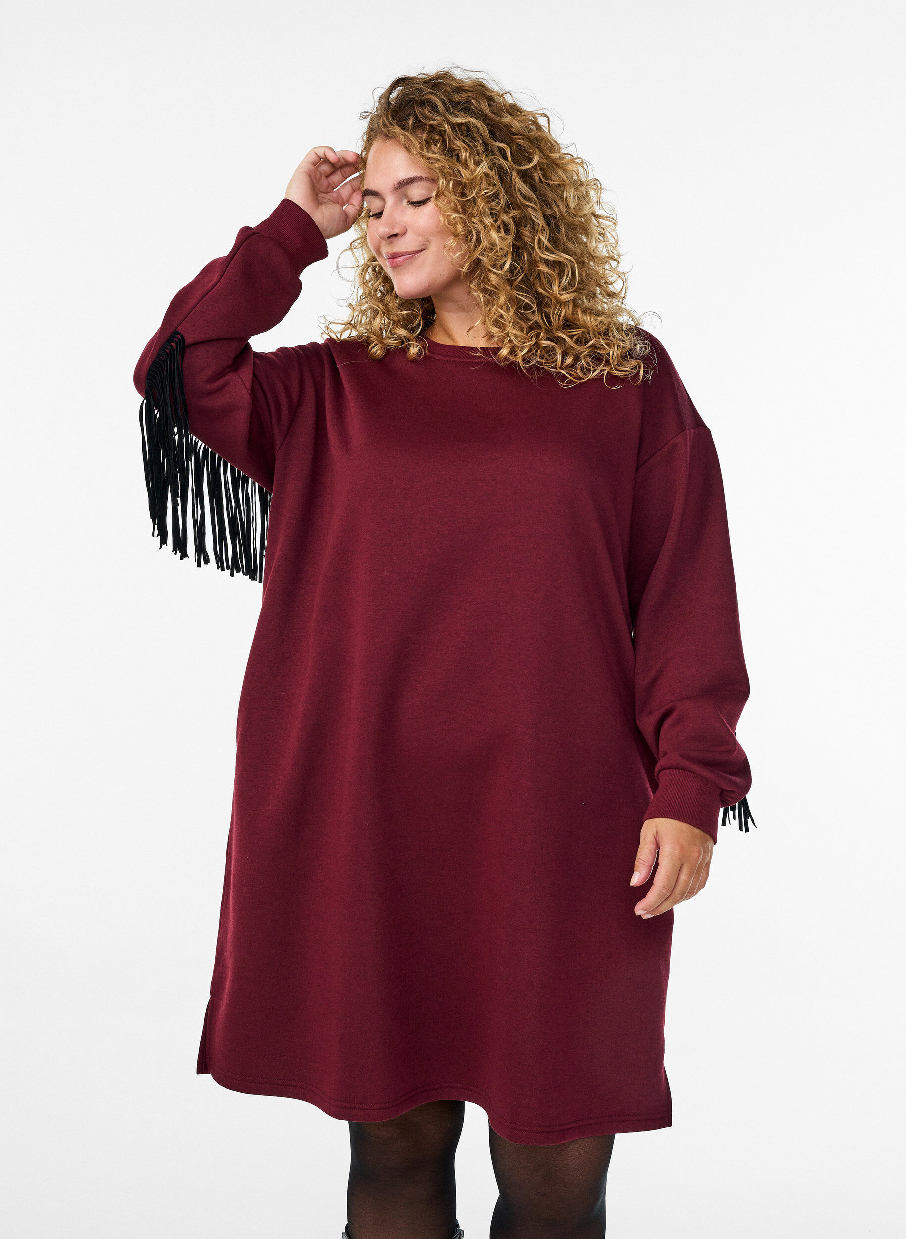 Zizzifashion Knee-length sweat dress with fringes, Dark Bordeaux, Model image number 1