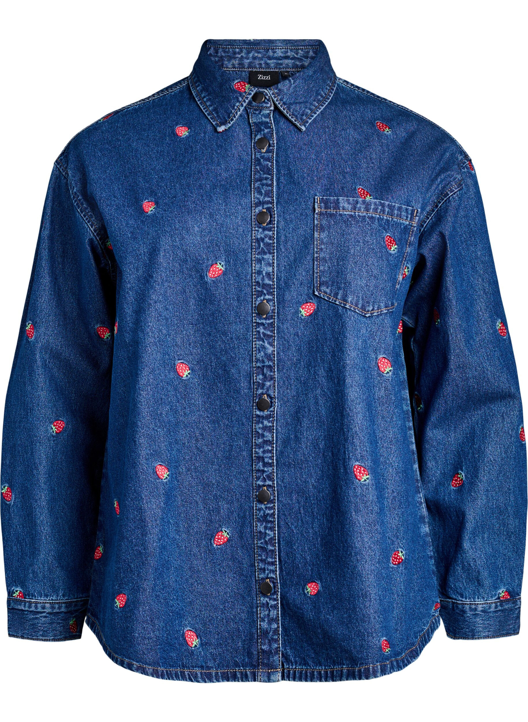 Denim shirt with embroidered strawberries