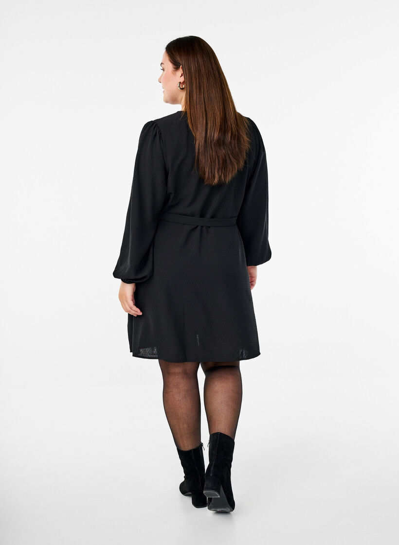 Short wrap dress with tie belt, Black, Model image number 2