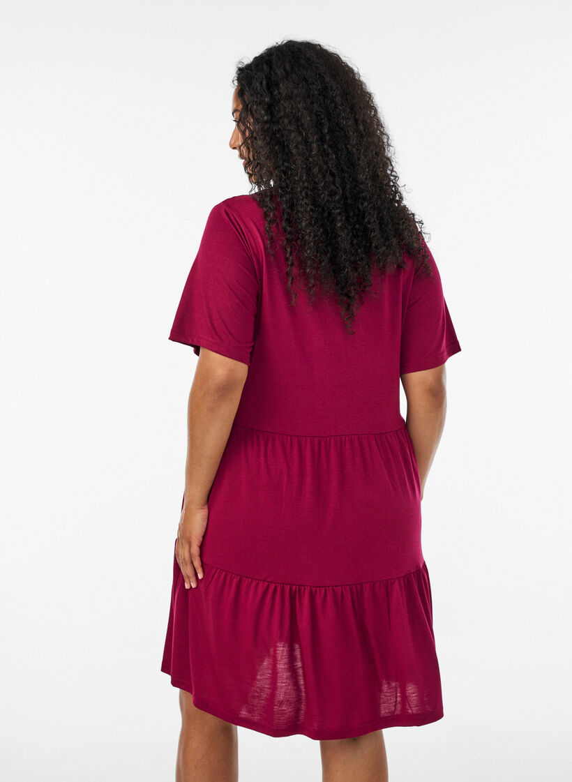 Jersey dress with lace details and a layered skirt, Red, Model image number 2