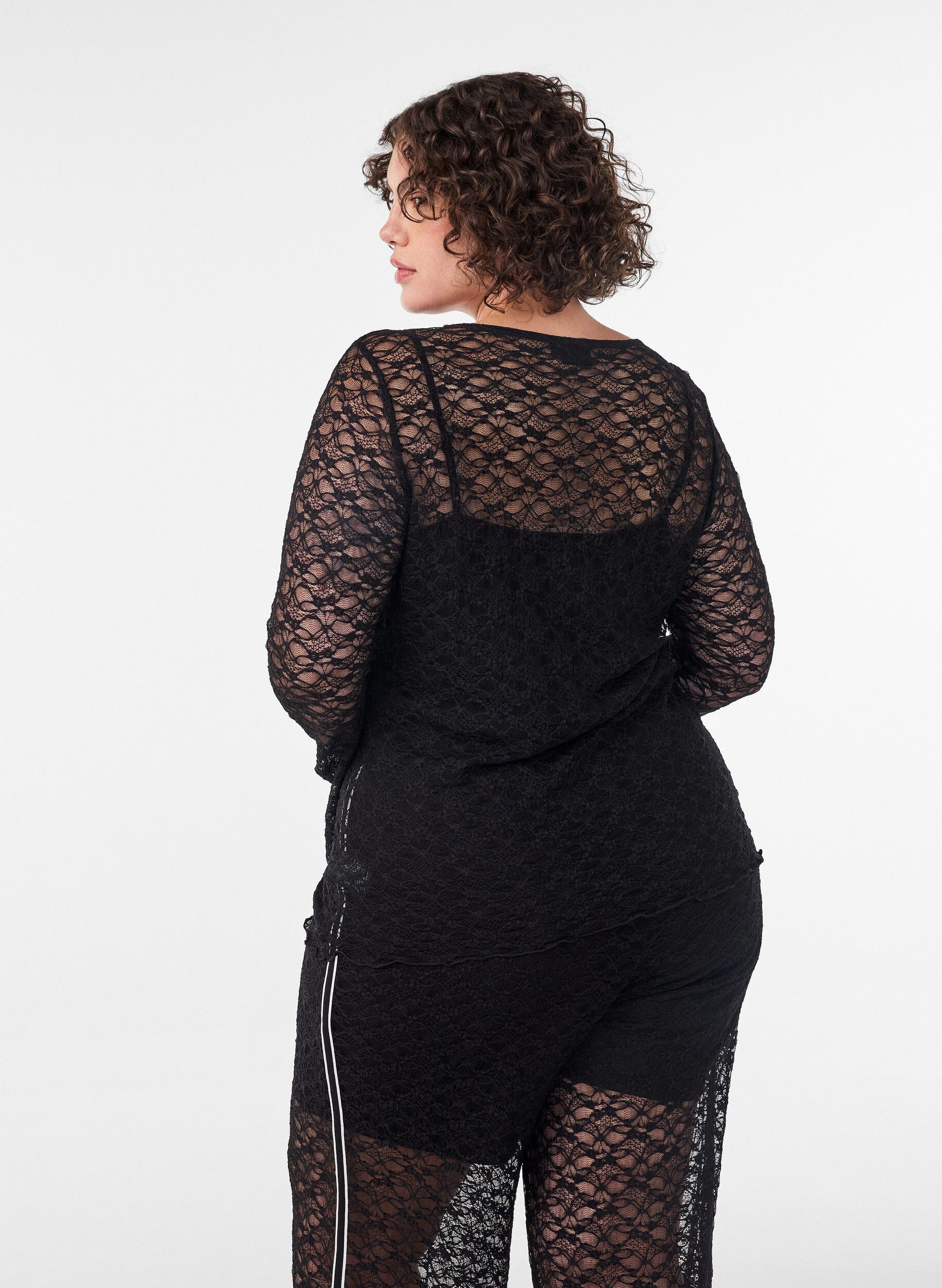 ZizzifashionSheer lace blouse with long sleeves, Black, Model image number 2