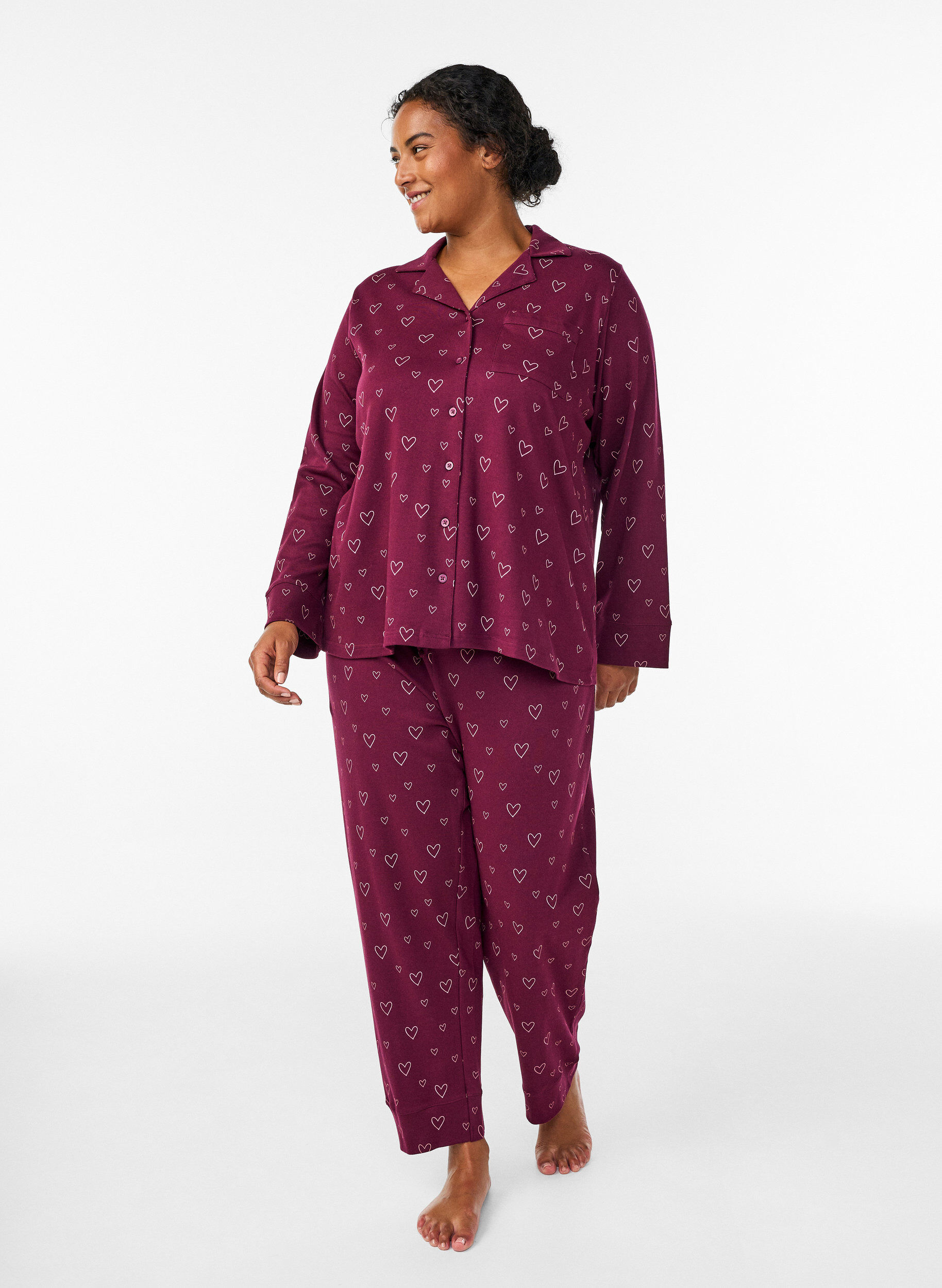 Cotton pyjama trousers with high waist, Dark Bordeaux, Model